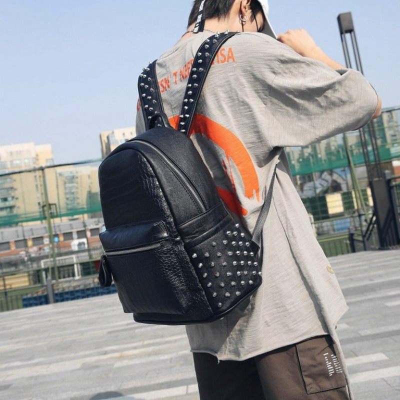 Mochilas Masculinas Com Zíper E Rebites Mochila Chique Alça - Preto