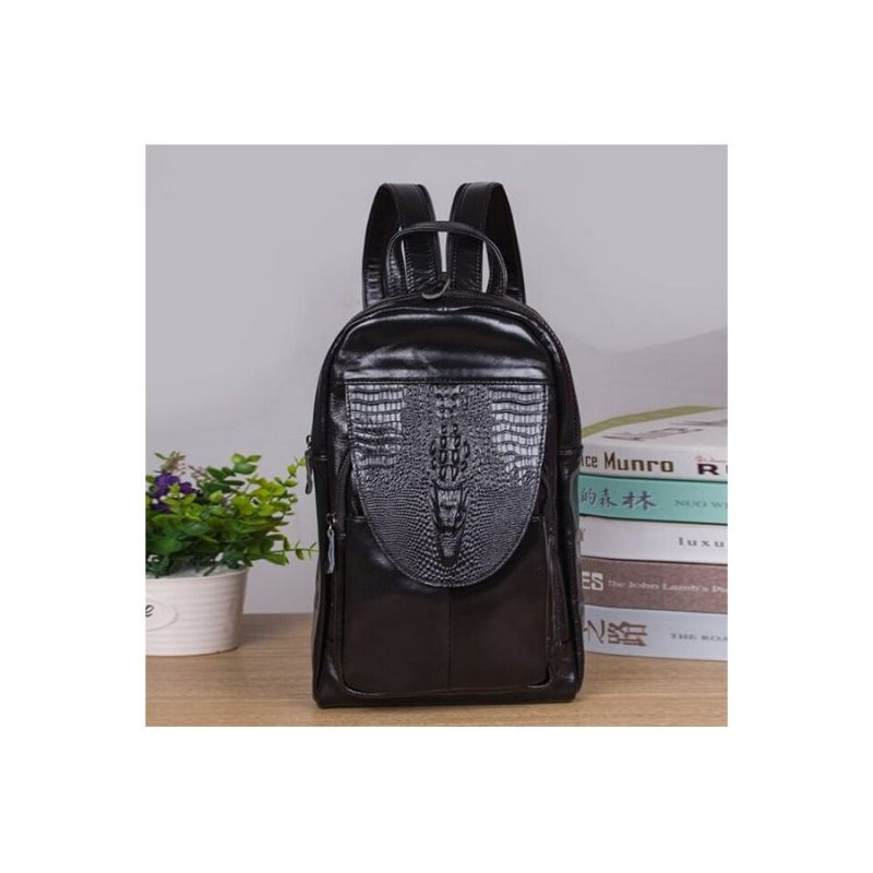 Mochilas Masculinas Couro Exótico Com Padrão Jacaré Mochila Ombro - Preto