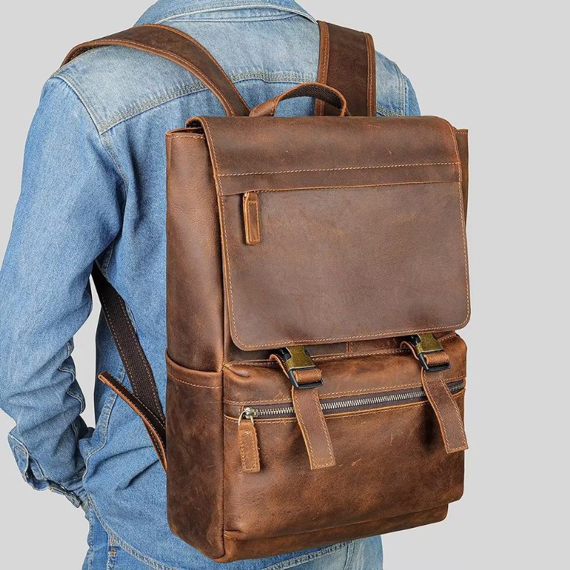 Mochilas Masculinas Couro Para Viagens Negócios Mochila Computador - Café