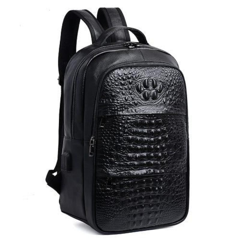 Mochilas Masculinas Luxuosas Croctex Plissadas Em Couro Com Zíper - Preto