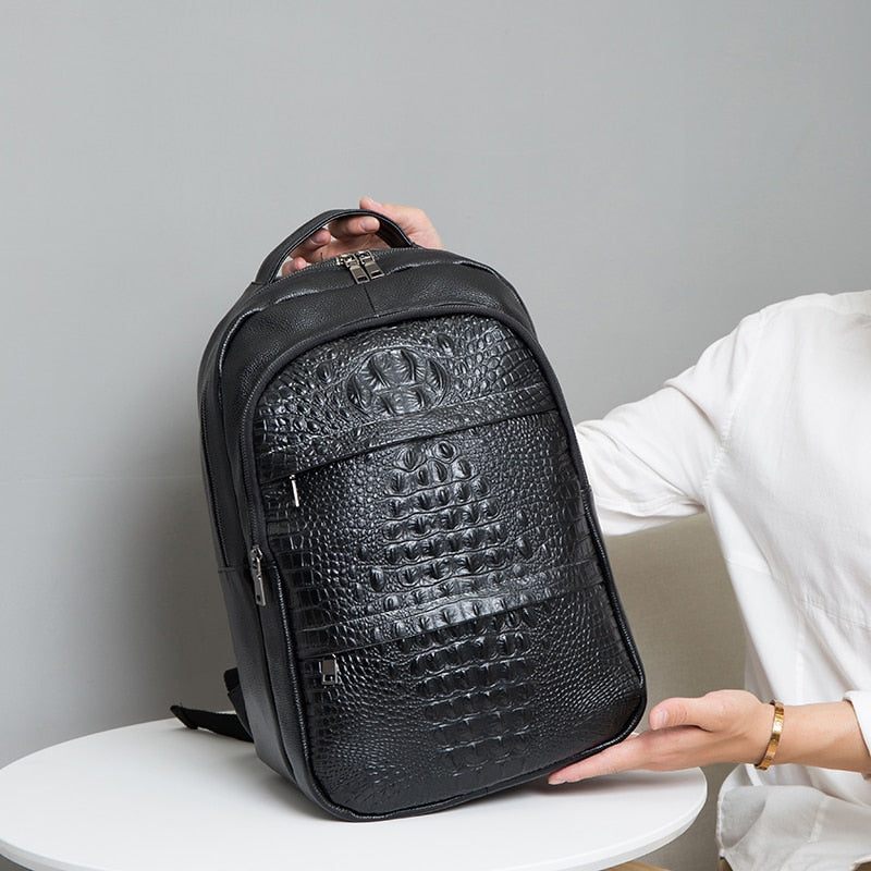 Mochilas Masculinas Luxuosas Croctex Plissadas Em Couro Com Zíper - Preto