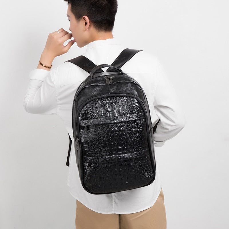 Mochilas Masculinas Luxuosas Croctex Plissadas Em Couro Com Zíper - Preto