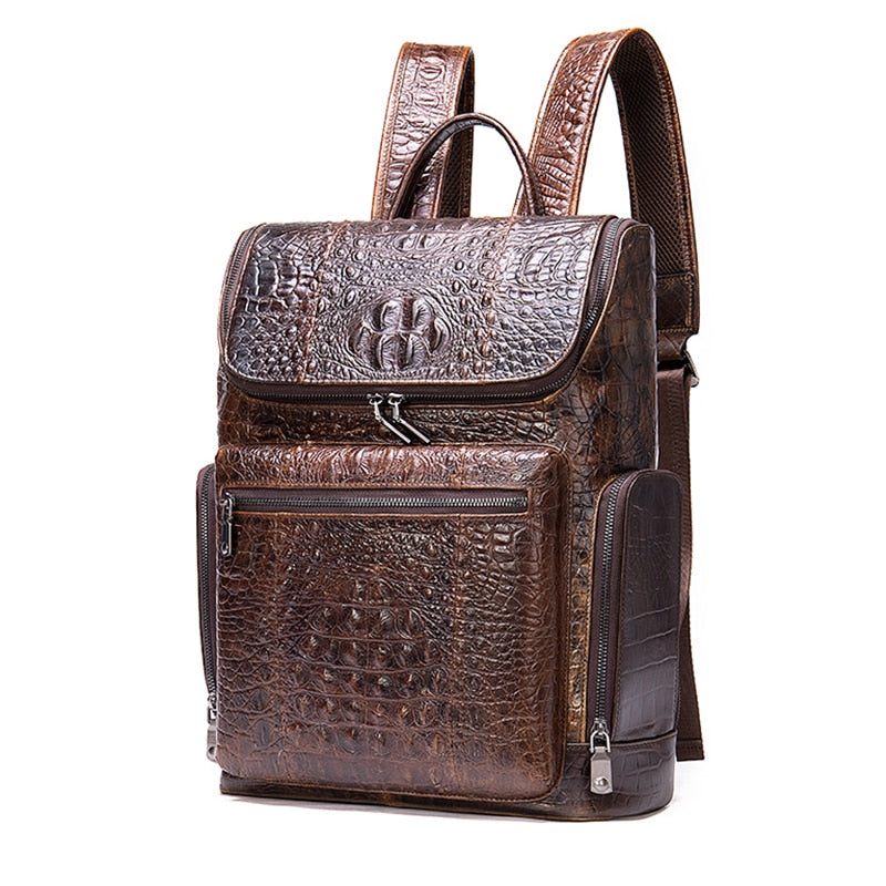 Mochilas Masculinas Vintage Chique Couro Jacaré Tecnologia Mochila Viagem - Café