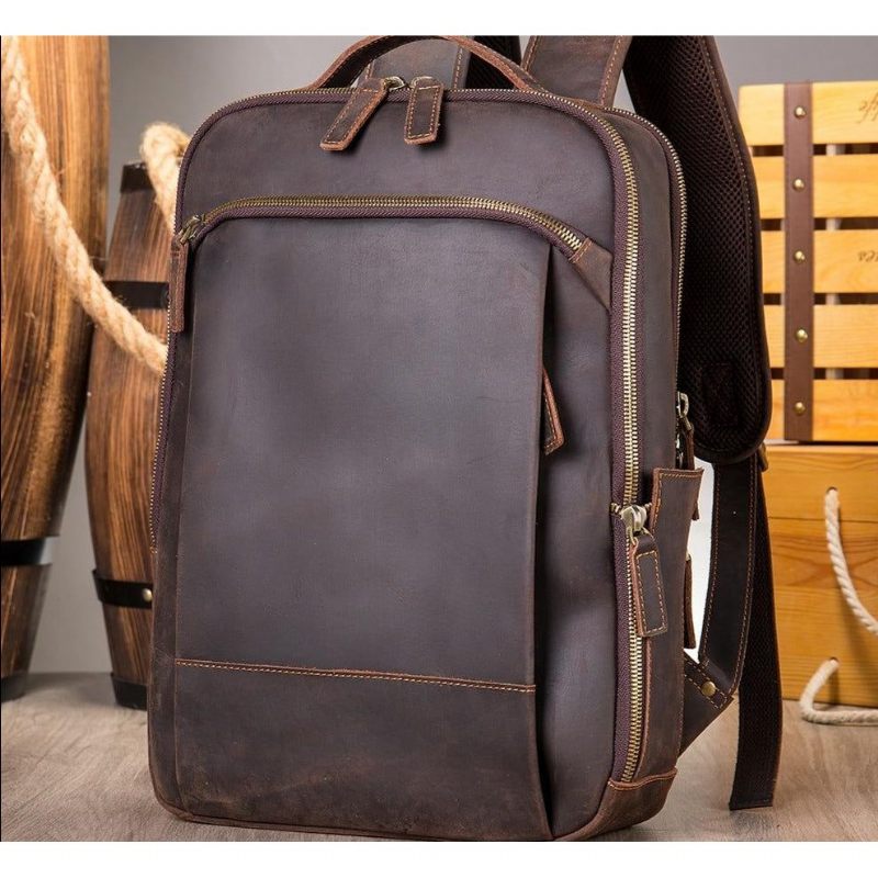 Mochilas Masculinas Vintage Luxury Leather Laptop Travel Daypack - Café