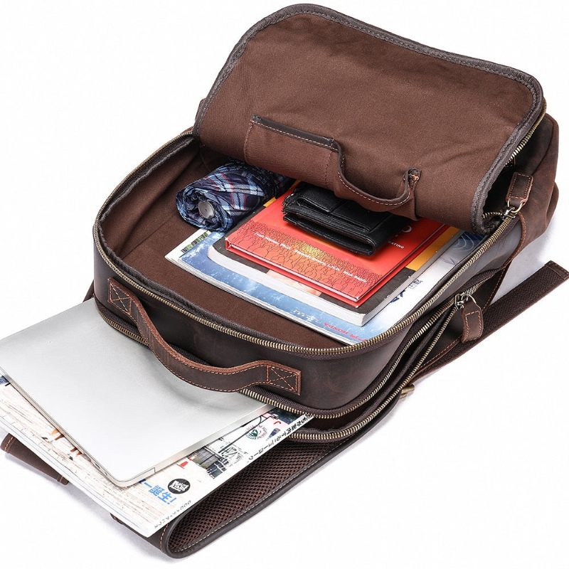 Mochilas Masculinas Vintage Luxury Leather Laptop Travel Daypack - Café