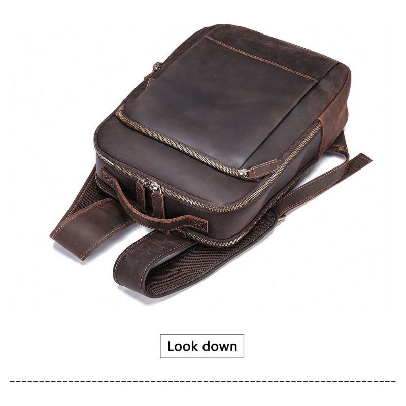 Mochilas Masculinas Vintage Luxury Leather Laptop Travel Daypack - Café