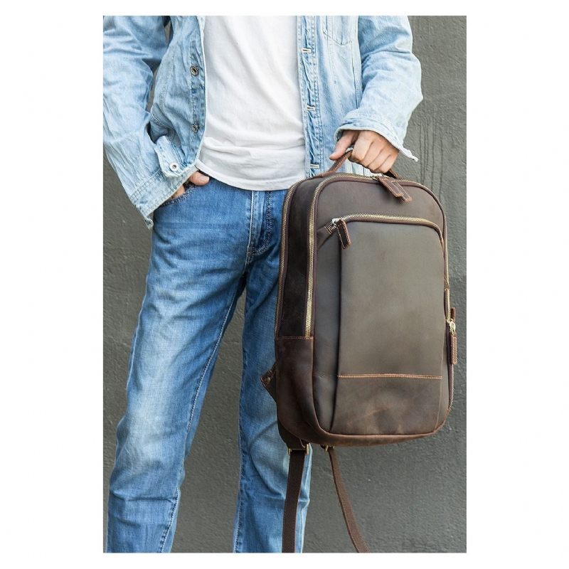 Mochilas Masculinas Vintage Luxury Leather Laptop Travel Daypack - Café