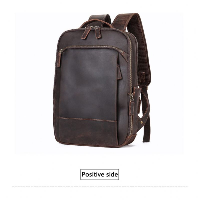 Mochilas Masculinas Vintage Luxury Leather Laptop Travel Daypack - Café