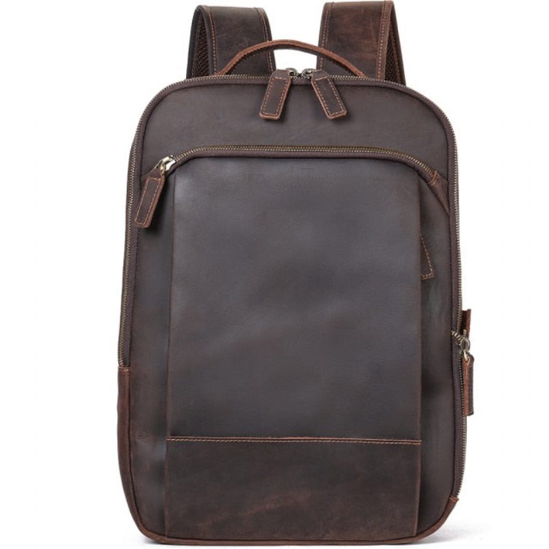 Mochilas Masculinas Vintage Luxury Leather Laptop Travel Daypack - Café