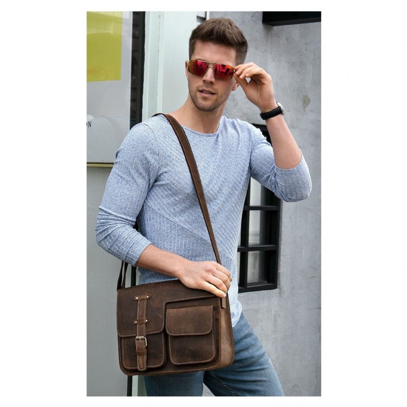 Pastas Masculinas Luxo Couro Exótico Vintage Aba Crossbody Maleta - Café