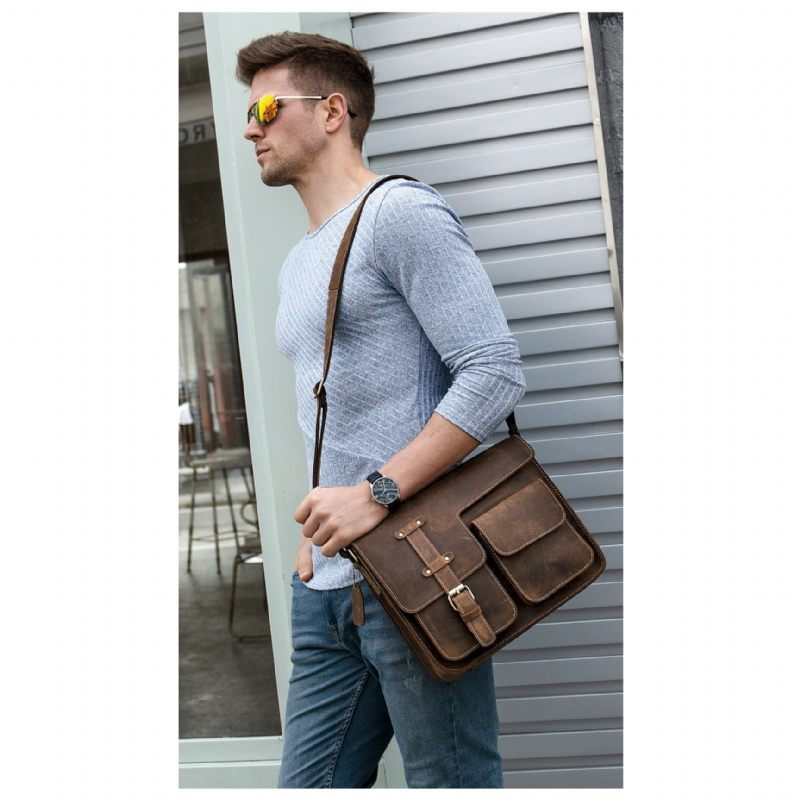 Pastas Masculinas Luxo Couro Exótico Vintage Aba Crossbody Maleta - Café