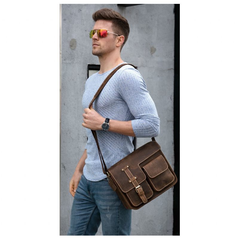 Pastas Masculinas Luxo Couro Exótico Vintage Aba Crossbody Maleta - Café Escuro