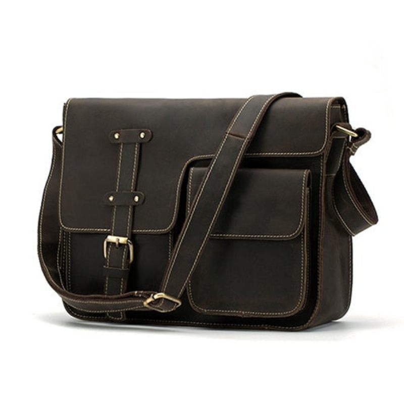 Pastas Masculinas Luxo Couro Exótico Vintage Aba Crossbody Maleta - Café Escuro