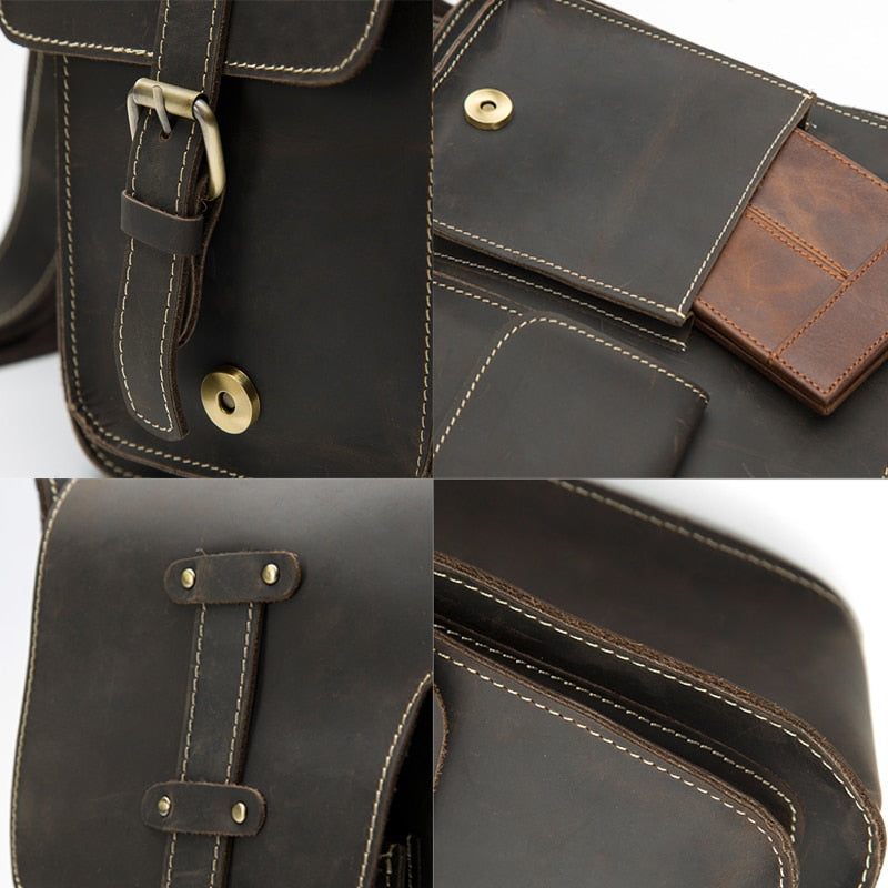 Pastas Masculinas Luxo Couro Exótico Vintage Aba Crossbody Maleta - Café Escuro