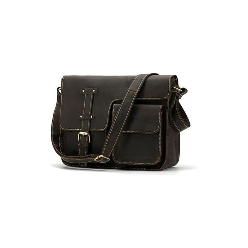 Pastas Masculinas Luxo Couro Exótico Vintage Aba Crossbody Maleta - Café Escuro