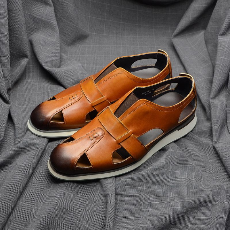 Sapatos Casuais Masculinos Chic Couro Vaca Elegantes Sandálias Deslizantes - Café