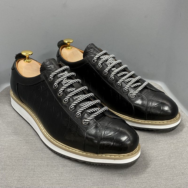 Sapatos Casuais Masculinos Couro Com Cordões - Preto