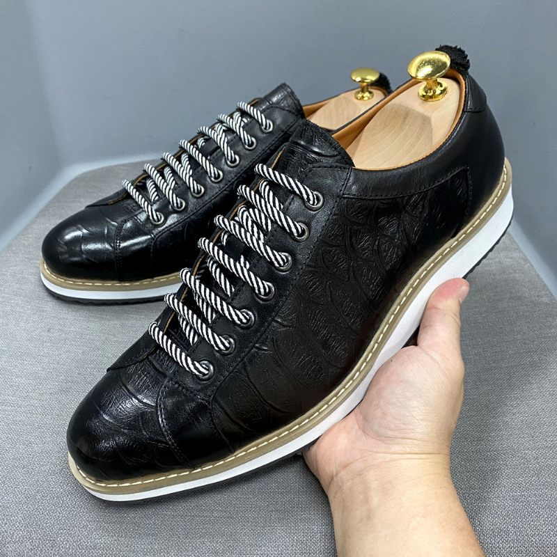 Sapatos Casuais Masculinos Couro Com Cordões - Preto