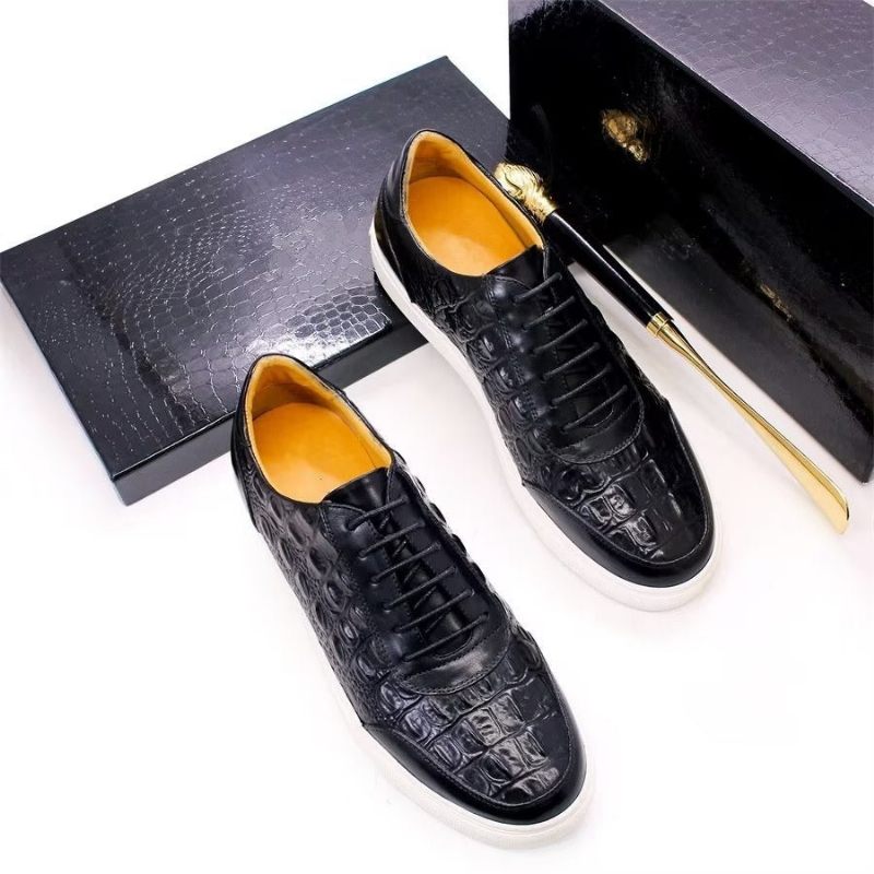 Sapatos Casuais Masculinos Couro Crocodilo Chic Lace-up -  Preto 