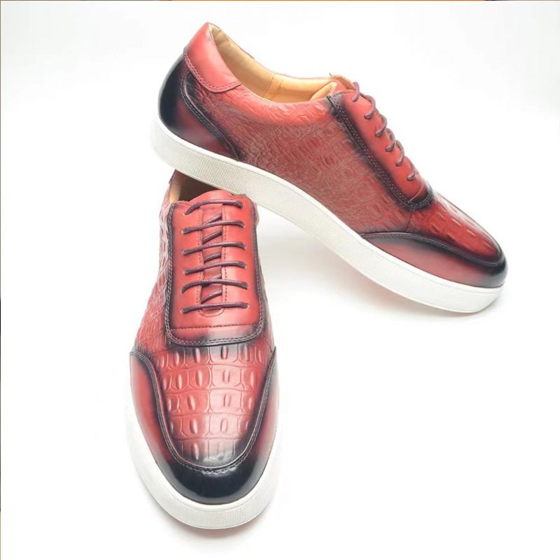 Sapatos Casuais Masculinos Couro Crocodilo Chic Lace-up -  Vermelho Melancia