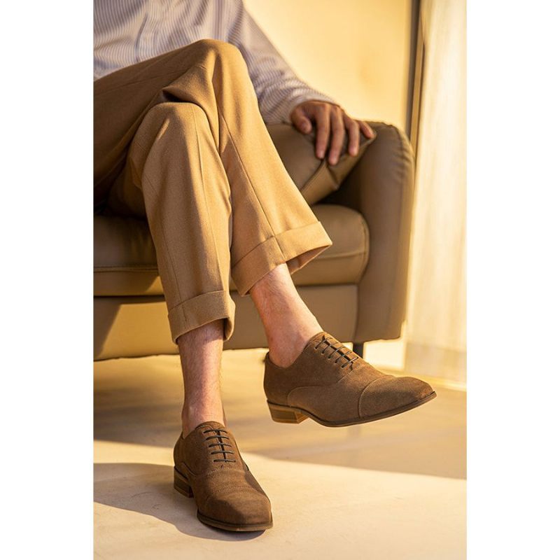 Sapatos Casuais Masculinos Couro Elegante Com Cadarço - Cáqui