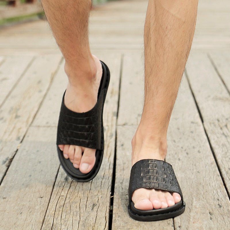 Sapatos Casuais Masculinos Couro Genuíno Sandálias Praia Em Relevo Crocodilo - Preto