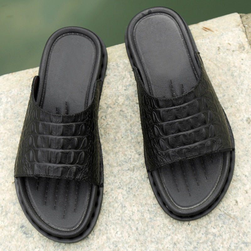 Sapatos Casuais Masculinos Couro Genuíno Sandálias Praia Em Relevo Crocodilo - Preto