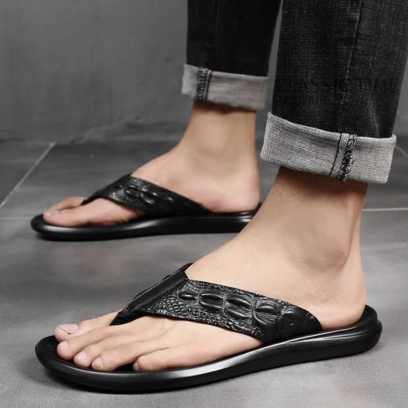 Sapatos Casuais Masculinos Couro Genuíno Textura Crocodilo Sandálias Flip Flop - Preto