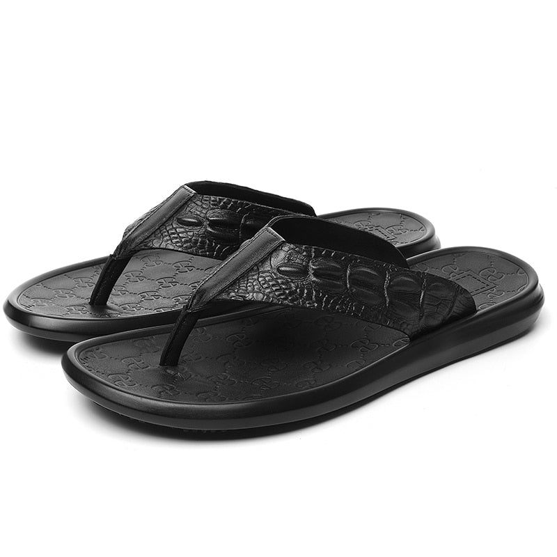 Sapatos Casuais Masculinos Couro Genuíno Textura Crocodilo Sandálias Flip Flop - Preto