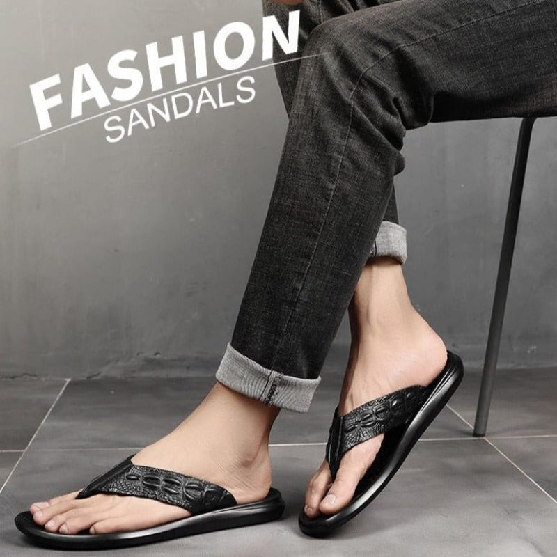 Sapatos Casuais Masculinos Couro Genuíno Textura Crocodilo Sandálias Flip Flop - Preto