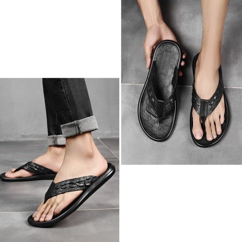 Sapatos Casuais Masculinos Couro Genuíno Textura Crocodilo Sandálias Flip Flop - Preto