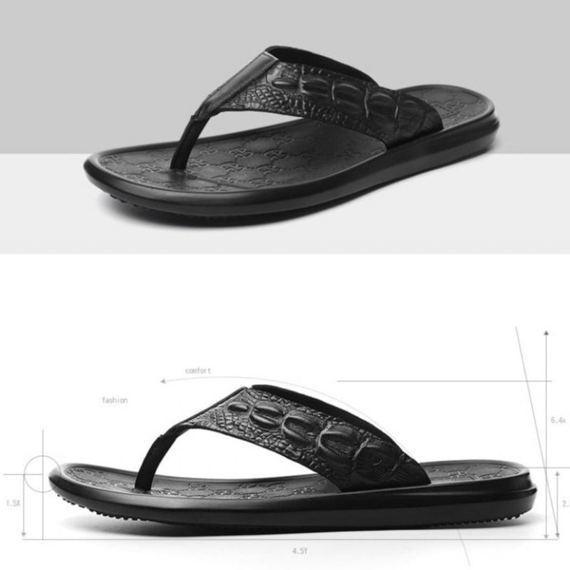 Sapatos Casuais Masculinos Couro Genuíno Textura Crocodilo Sandálias Flip Flop - Preto