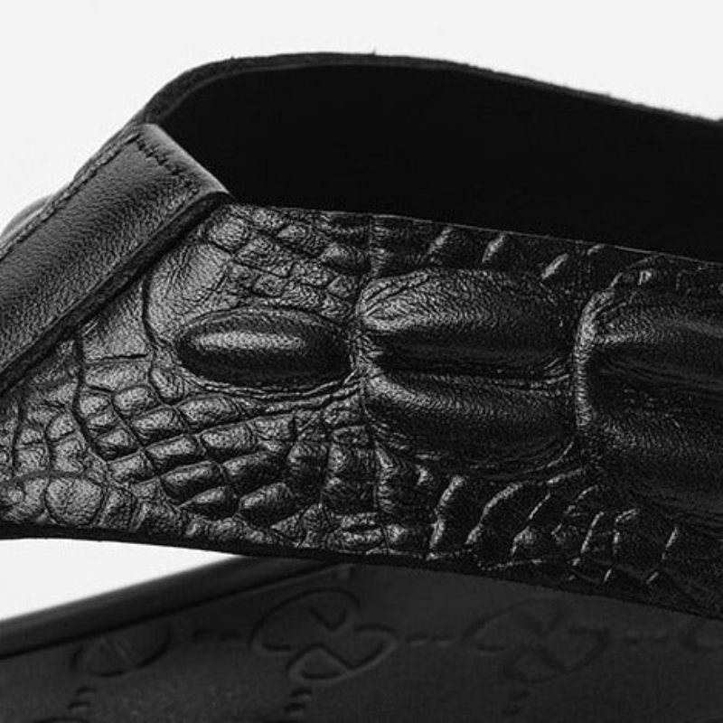 Sapatos Casuais Masculinos Couro Genuíno Textura Crocodilo Sandálias Flip Flop - Preto