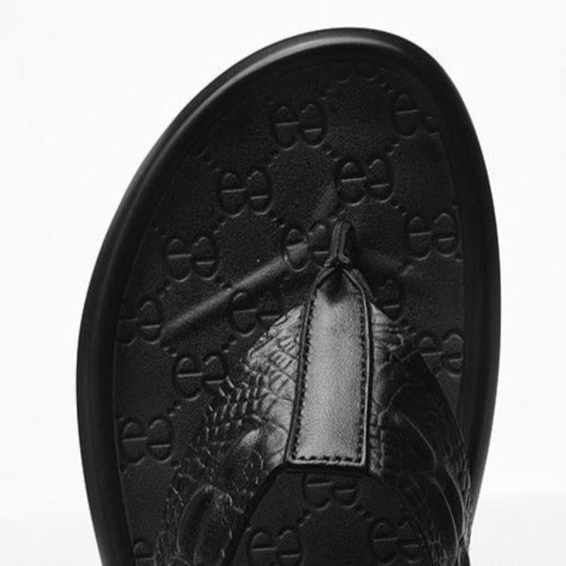 Sapatos Casuais Masculinos Couro Genuíno Textura Crocodilo Sandálias Flip Flop - Preto