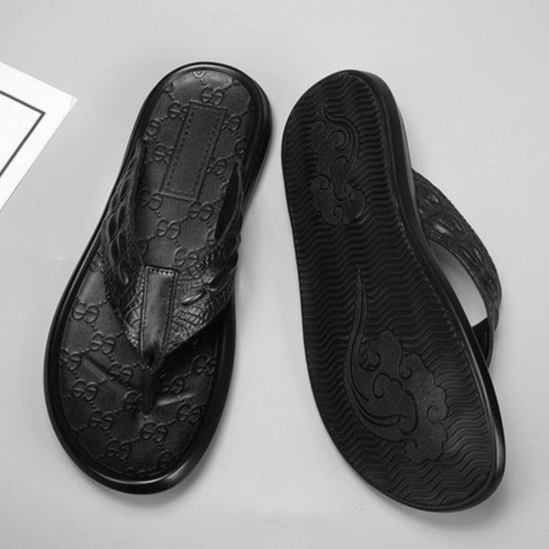 Sapatos Casuais Masculinos Couro Genuíno Textura Crocodilo Sandálias Flip Flop - Preto