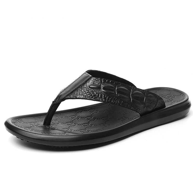 Sapatos Casuais Masculinos Couro Genuíno Textura Crocodilo Sandálias Flip Flop - Preto