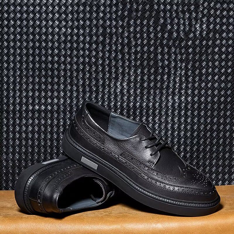 Sapatos Casuais Masculinos Couro Luxo Com Cordões - Preto