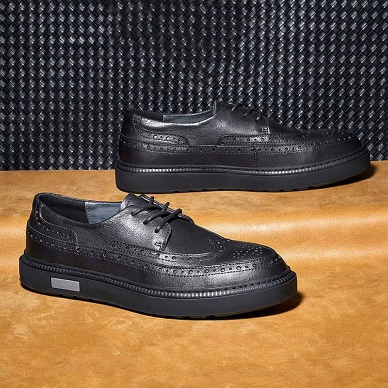 Sapatos Casuais Masculinos Couro Luxo Com Cordões - Preto