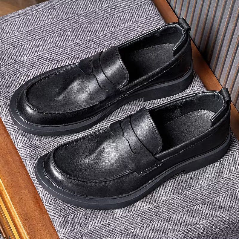 Sapatos Casuais Masculinos Couro Luxo Slip-ons Elegantes Dedo Do Pé Redondo - Preto