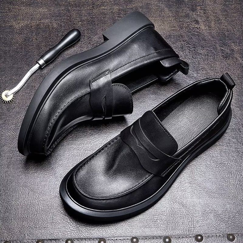 Sapatos Casuais Masculinos Couro Luxo Slip-ons Elegantes Dedo Do Pé Redondo - Preto