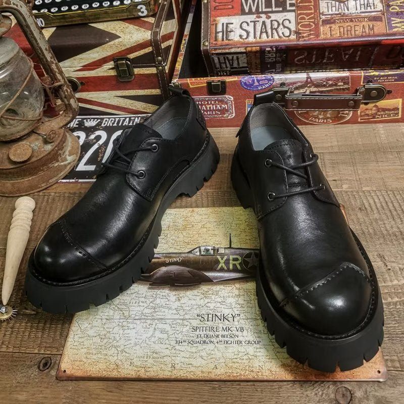 Sapatos Casuais Masculinos Couro Luxuoso Dedo Redondo - Preto