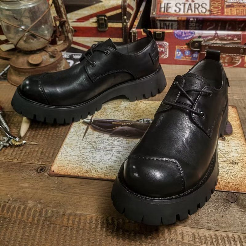 Sapatos Casuais Masculinos Couro Luxuoso Dedo Redondo - Preto