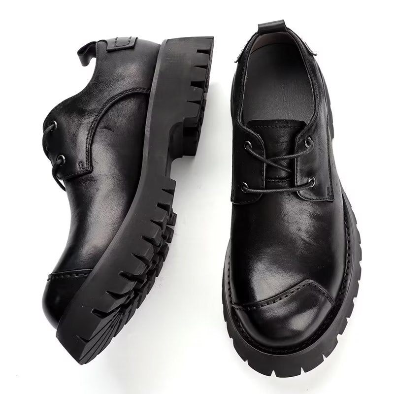 Sapatos Casuais Masculinos Couro Luxuoso Dedo Redondo - Preto