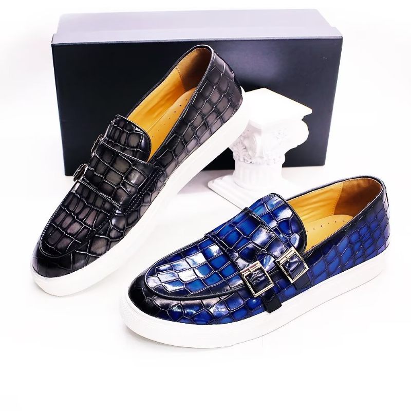 Sapatos Casuais Masculinos Crocodilo Monkstrap Artesanal - Azul