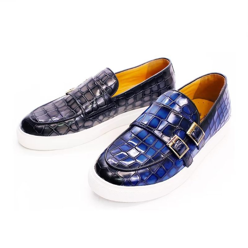 Sapatos Casuais Masculinos Crocodilo Monkstrap Artesanal - Azul