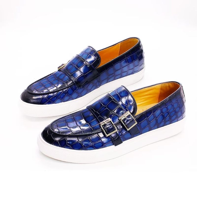 Sapatos Casuais Masculinos Crocodilo Monkstrap Artesanal - Azul