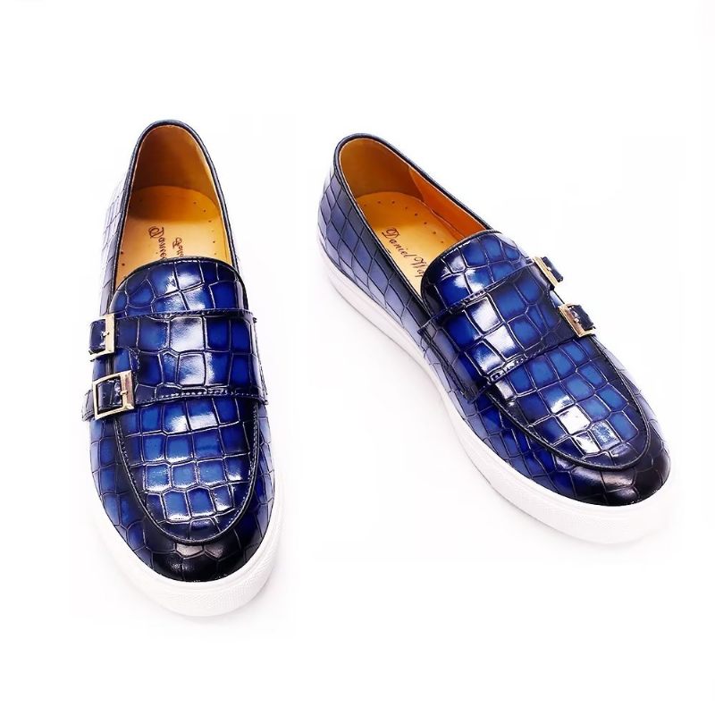 Sapatos Casuais Masculinos Crocodilo Monkstrap Artesanal - Azul