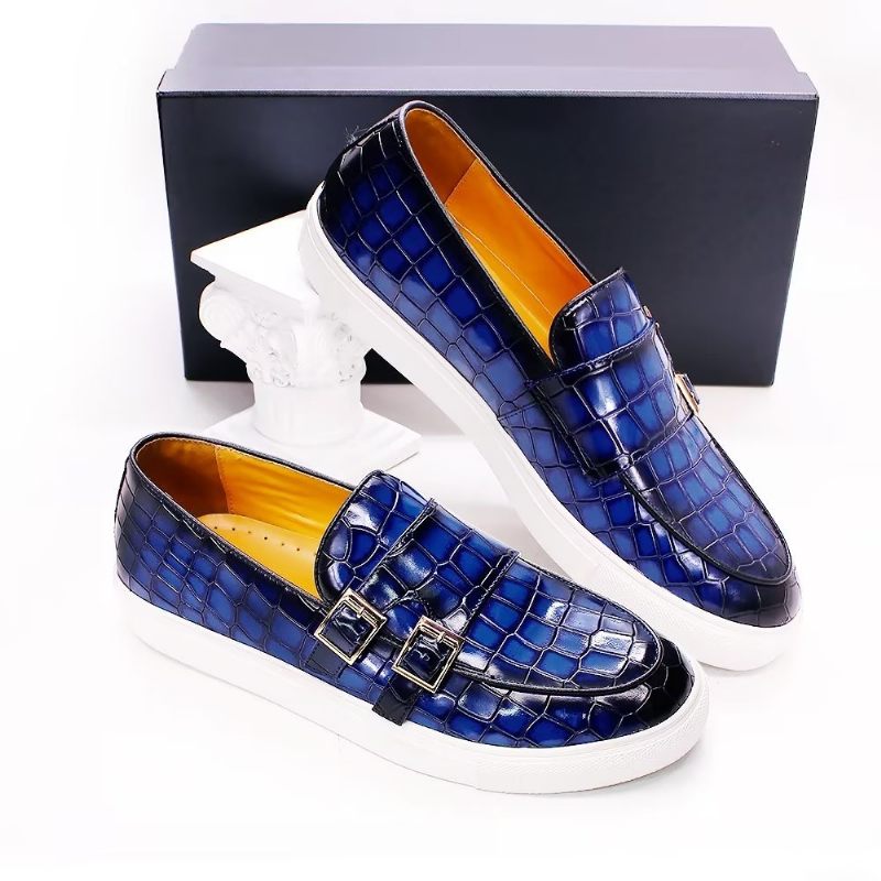 Sapatos Casuais Masculinos Crocodilo Monkstrap Artesanal - Azul