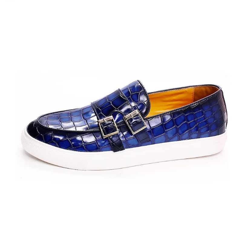 Sapatos Casuais Masculinos Crocodilo Monkstrap Artesanal - Azul