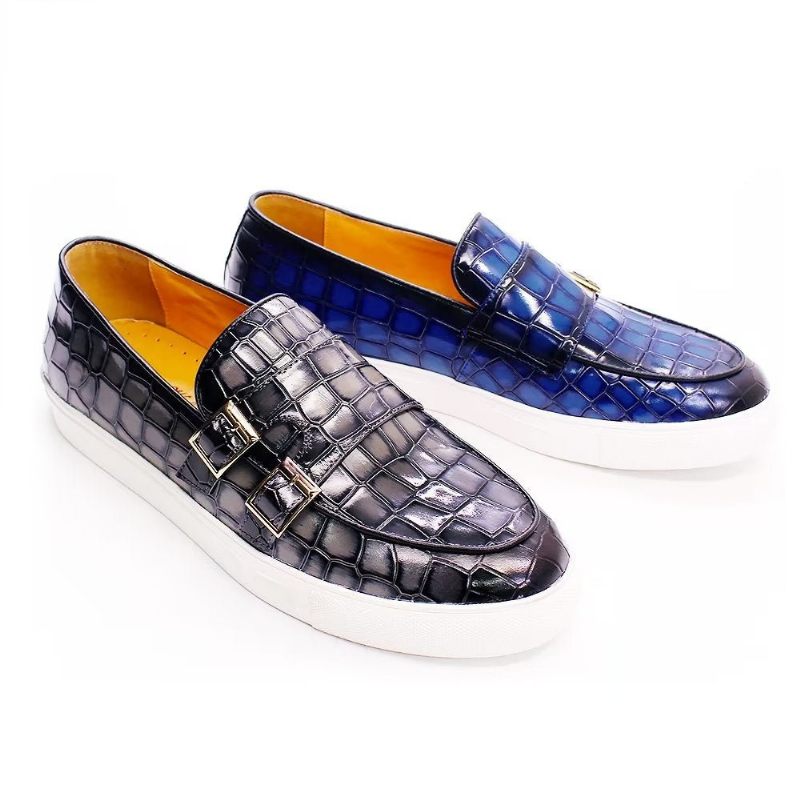 Sapatos Casuais Masculinos Crocodilo Monkstrap Artesanal - Azul